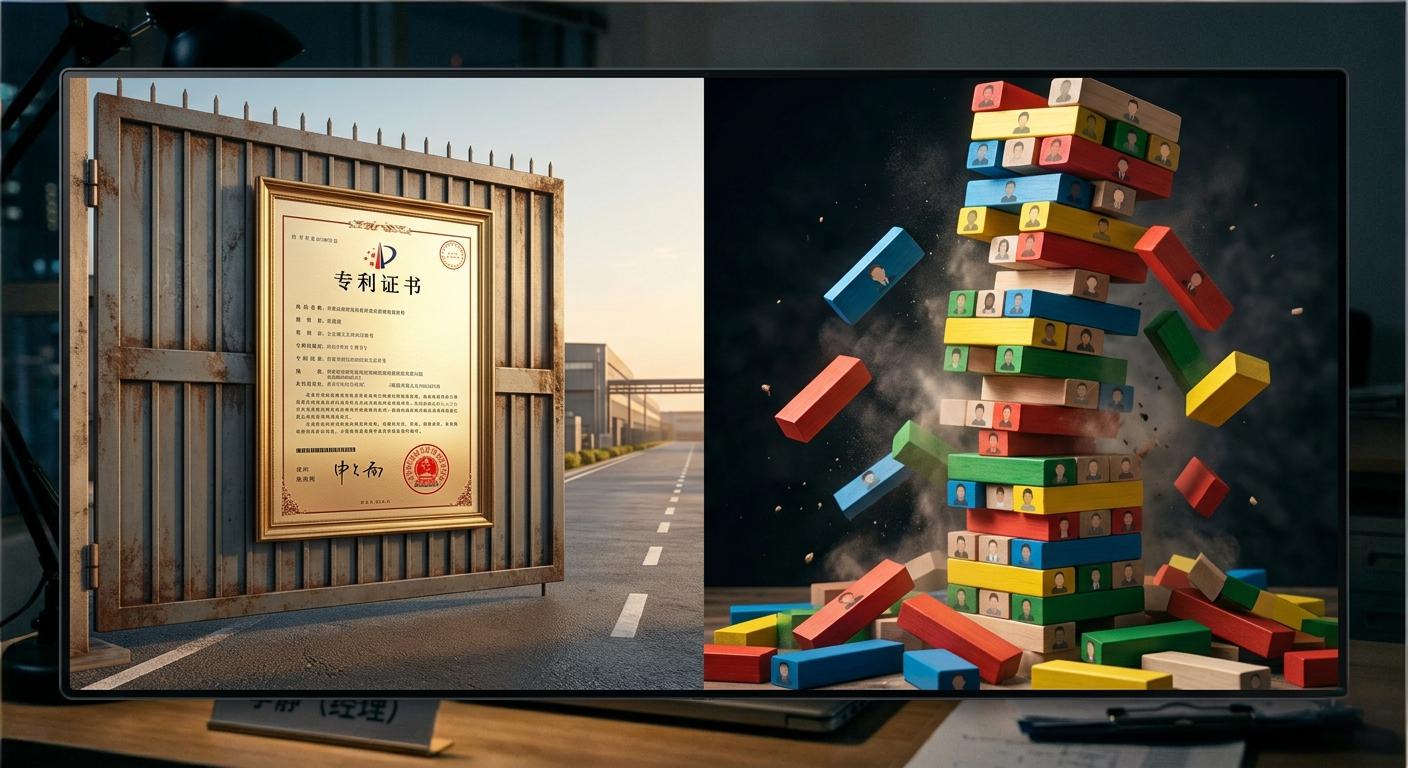 asset-vacuum-1 硬资产(工厂、专利、品牌)与直销层级(虚线连接的人头)的价值对比